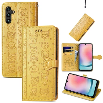 Чохол Embossed Cat and Dog для Samsung Galaxy A24 / A245 книжка шкіра PU з візитницею жовтий