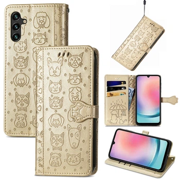 Чехол Embossed Cat and Dog для Samsung Galaxy A24 / A245 книжка кожа PU с визитницей золотистый