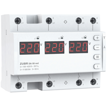 Реле напруги ZUBR D6-50 red трифазне з двома режимами роботи (50 А, 11 000 ВА) (4820120222146)