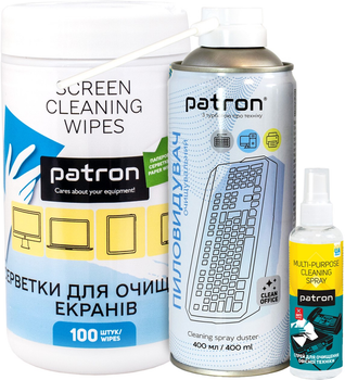 Комплект 3в1 Patron Спрей Patron для очищення оргтехніки та пластику 100 мл (F3-009) + Вологі серветки паперові для очищення екранів туба 100 шт. (F3-059) + Очисне стиснене повітря для оргтехніки спрей 400 мл (F3-020) (CS-PN-BUNDL-7)