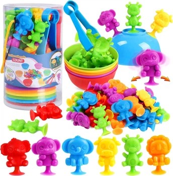 Детская развивающая игра сортировка Монтессори Животные 36 шт. Сортер на присосках по цвету с пинцетом и тарелочками