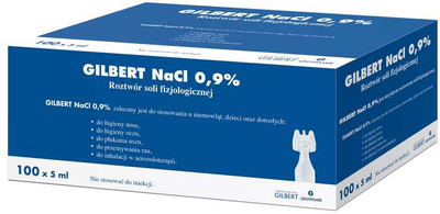 Roztwór soli fizjologicznej Glenmark Pharmaceuticals Gilbert NaCl 0.9% 100 szt x 5 ml (3518646266287)