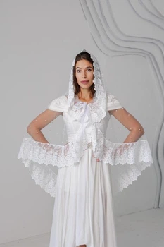 Накидка палантин для храма Family Tradition фатин с кружевом 105х120 см белый Девичья слеза