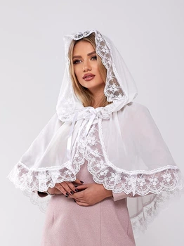 Накидка палантин для храма Family Tradition шифон с кружевом 90х90 см белый Белые незабудки