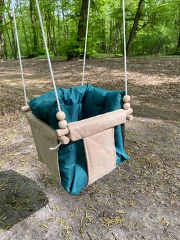 Підвісна водостійка тканинна дитяча гойдалка Comfort + Бежева з Темно зеленими подушкою та матрасиком