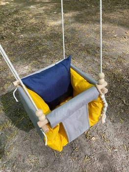 Підвісна Водостійка тканинна дитяча гойдалка Comfort + Сіра з жовтим матрасиком та синьою подушкою