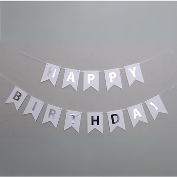 Напис картонний на прапорцях з тисненням срібною фольгою 16 см Happy Birthday Білий
