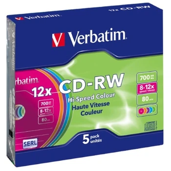 Диск CD-RW 700MB 12x 5pcs Verbatim Color Slim