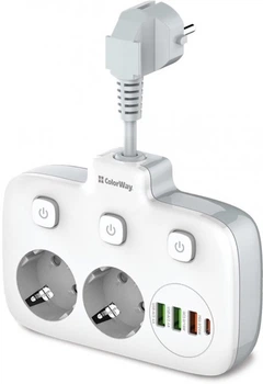 Мережевий фільтр СolorWay CW-CHE24PDW 2 розетки, 3*USB, 1*USB-C порт, білий