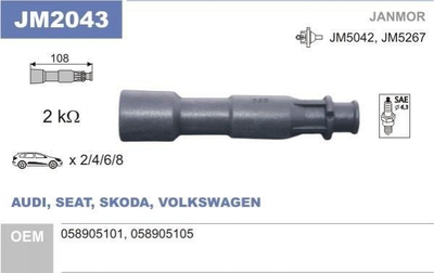 Катушка зажигания Janmor JM2043 Volkswagen Golf, Passat, Bora, Sharan; Audi A4, A6, A3, Allroad, A8; Skoda Octavia; Seat Leon