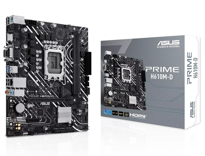 Материнская плата LGA1700, Asus PRIME H610M-D, H610, 2xDDR5, Int.Video(CPU), 4xSATA3, 1xM.2, 1xPCI-E 4.0 x16, 1xPCI-E 3.0 x1, ALC997, GLan, 3xUSB3.2/5xUSB2.0, VGA/HDMI, MicroATX