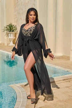 Парео-халат,з розрізами на рукавах, довгий FASHION-360, чорний, розмір 50-56