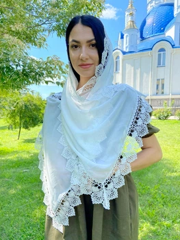 Жіночий шарф для храму Family Tradition шифон із мереживом 180х50 см молочний Весна