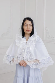 Накидка-палантин для храма Family Tradition шифон с кружевом 70 см, белый Зимний день