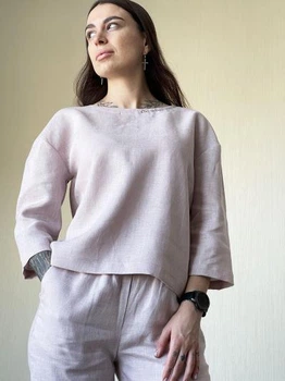 Льняний топ із написом світло-рожевий XL - linen island (132862)