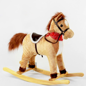 Качалка лошадка музыкальная плюшевая игрушка для детей со звуковыми эффектами – издает цокоту копыт двигает хвостом и ртом лошадка со съёмным седлом на батарейках - Бежевый