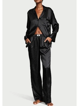Пижама (сорочка+штани) Victoria's Secret Satin Dew Drop Satin Long Pajama Set Purest Pink M чорна з камнями