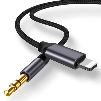 Аудио-Кабель Mini-Jack 3.5 mm to Lightning 1M Аукс переходник лайтнинг для Apple iPhone iPod iPad AUX Black-Grey (100см)