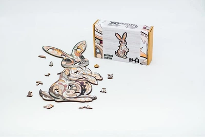 Деревянные пазлы PuzzleOK Весёлый зайчик 13,9*27,9 см, в картонной упаковке, 67 деталей
