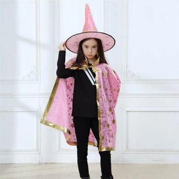 Детский карнавальный костюм волшебник волшебница для детей 3 - 10 лет в розовом цвете плащ мантия шляпа колпак
