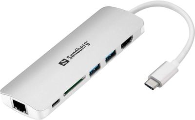 USB hub Sandberg USB Type-C do HDMI/LAN/SD/USB Type-A 5-portowy Srebrny (57057301361840