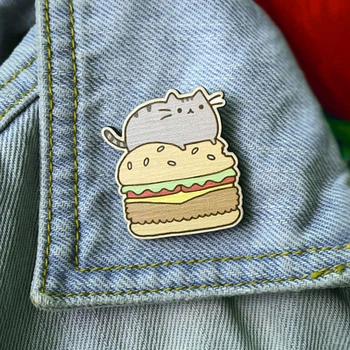 Значок из дерева Craft Pins Кот Пушин на гамбургере (CU-00822)