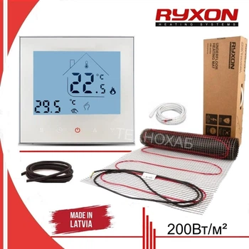Теплый пол Ryxon 200Вт/м² нагревательный мат под плитку 0,5м² /100Вт с сенсорным программируемым терморегулятором AC605H белый