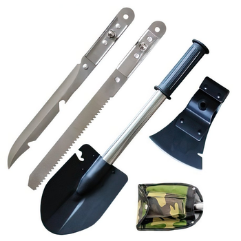 Складна саперна лопата сокира | Туристичний похідний набір мультитул сокира, ніж, ножівка-пила, відкривачка та брезентовий чохол