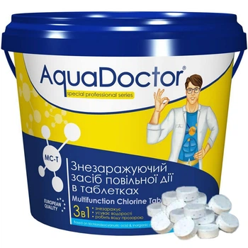Хлор длительный 3в1 Aquadoctor MCT 1 кг, маленькие таблетки по 20 грамм для дезинфекции, осветления и против водорослей в бассейне