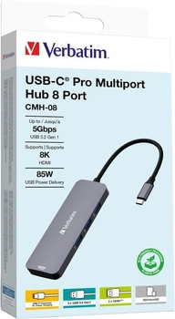 USB-хаб Verbatim CMH-08 USB Type-C до 2 x HDMI/USB Type-A 8-портовий Grey (VB32151)