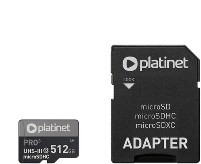 Карта пам'яті Platinet microSDXC 512 GB Class 10 UHS-I/U3 + SD Адаптер (PMMSDX512UIII)