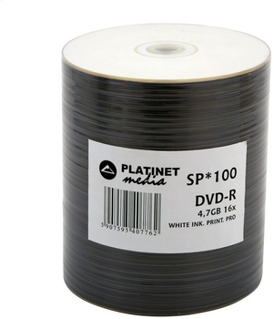 Dyski Platinet DVD-R 4.7GB 16X FF White Inkjet Printable Pro Spindle Pack 100 szt (PMDP100P-CM)