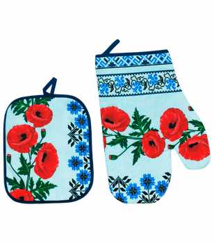 Набор льняной: рукавица и прихватка Маки - Pijamaci - РП-6 - One Size - Синий, Маки