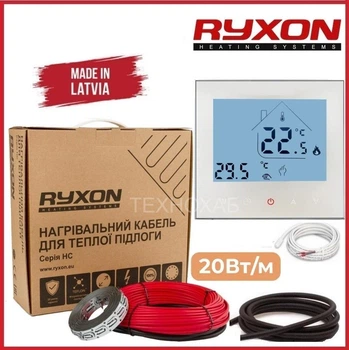Теплый пол Ryxon 0,5м²-0,6м²/ 100Вт (5м) нагревательный кабель под плитку 20Вт/м с сенсорным программируемым терморегулятором AC605H белый