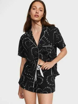 Фланелева коротка піжама Victoria's Secret сорочка та шорти S чорна в сердечка