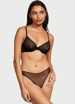 Комплект женского белья прозрачный с сердечками Victoria's Secret 34B-S Tease Unlined Demi Bra & High-Leg Scoop Thong Panty черный (70400236513QC534B/S)