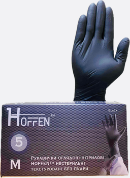 Міцні рукавички чорні нітрилові і 5 грам HOFFEN нестерильні текстуровані без пудри,розмір М