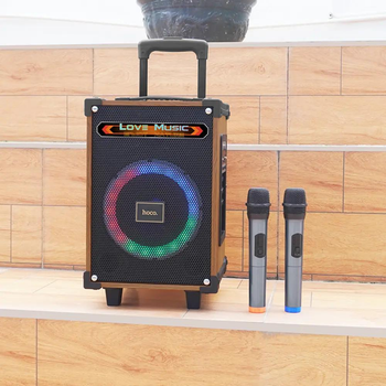 Портативная беспроводная Bluetooth колонка акустика Hoco HA2 Wave с RGB подсветкой + 2 микрофона Wooden pattern, пульт ДУ IPX5 l BT5.0, TF/SD карта, USB диск, AUX/FM/TWS, 4500mAh, 7h l Коричневый