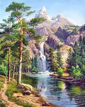 Набір Алмазна мозаїка вишивка Мальовничий гірський водоспад ліс природа на підрамнику повна 5d 40х50