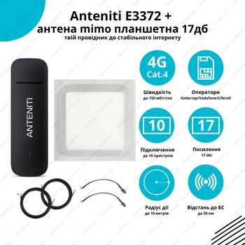 Мобільний 4G комплект 4G USB модем Anteniti E3372 та Антена mimo планшетна 17дб