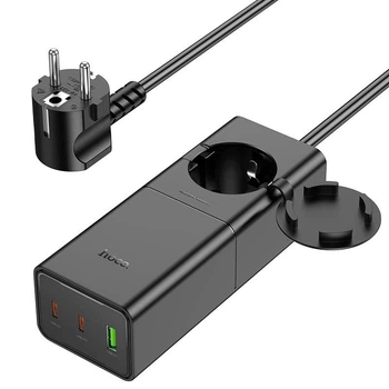 Мережевий зарядний пристрій адаптер-подовжувач Hoco NS4 Sharp desktop socket з розеткою та швидкою зарядкою |1USB/2Type-C, 65W/3A, PD/QC, 4000W Socket| Чорний