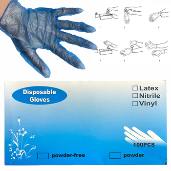 Одноразовые голубые нестерильные опудренные виниловые перчатки Disposable Gloves, 100шт./уп. (Размер - L)