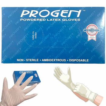 Одноразовые опудренные белые нестерильные латексные перчатки PROGEN (Medium, M размер), 100шт./уп.