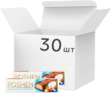 Упаковка батончиків Roshen молочно-шоколадний з кокосом та мигдалем 38 г х 30 шт (4823077639548)