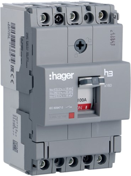 Автоматичний вимикач Hager силовий 3-п. 100A 18kA Тфікс./Мфікс. x160 (HDA100L)