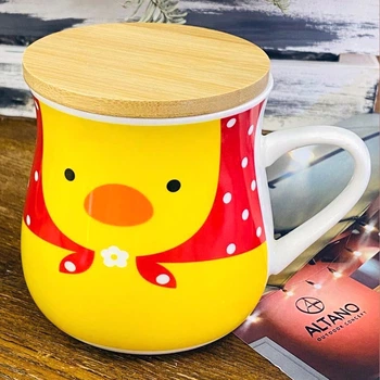 Кружка с бамбуковой крышкой "Love Cup", 450мл (Большая керамическая чашка для чая) Жёлтый