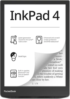 Электронная книга 7.8" PocketBook Inkpad 4 / 32ГБ / Linux / Wi-Fi / Bluetooth / Сенсорный E-Ink экран (1404×1872) / Настраиваемая яркость / Влагозащищенность IPX8 / Динамики / Серебристая (PB743G-U-WW)