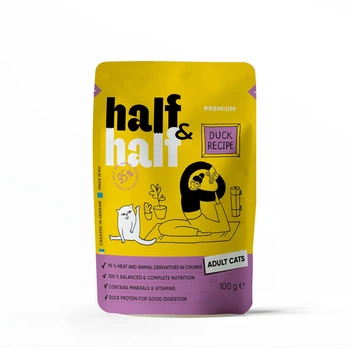 Упаковка влажного корма для кошек в кусочках с уткой в соусе Half&Half 22 шт*100 г