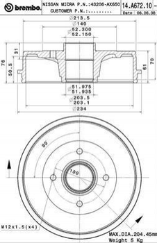 Гальмівний барабан BREMBO 14A67210 Nissan Micra, Note 43206AX650