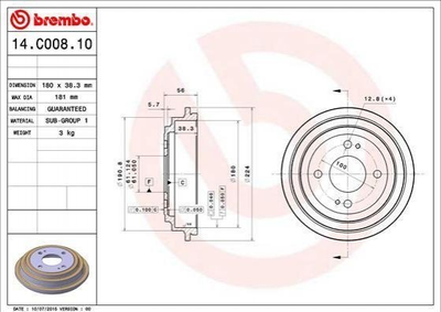 Гальмівний барабан BREMBO 14C00810 Honda Jazz 42610SAA000